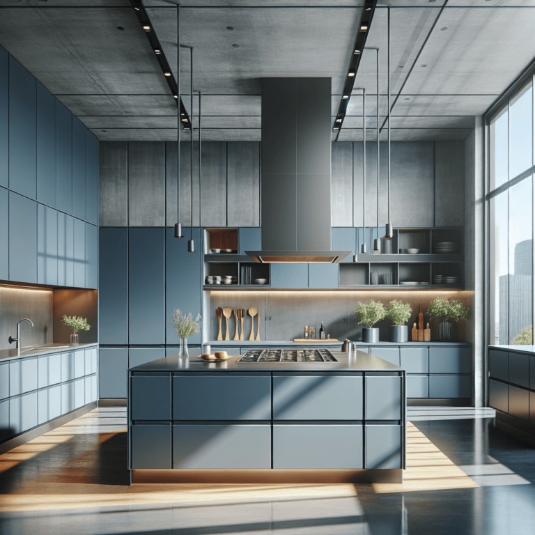 blaugraue Küche mit Stahlakzenten-Köln